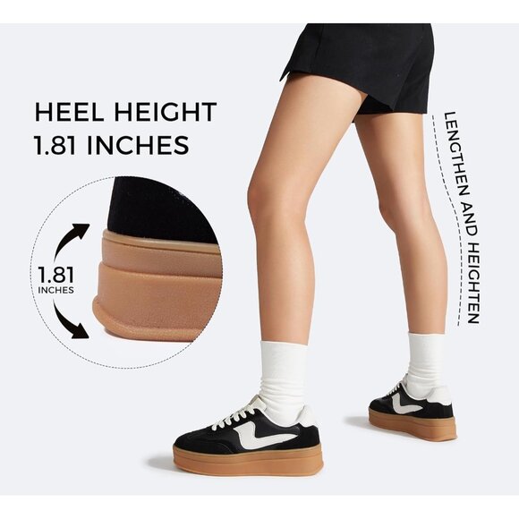 Women Platform BlackWhite Sneaker Thick Sole Suede Leather Low Top Walking Shoes - Picture 5 of 9